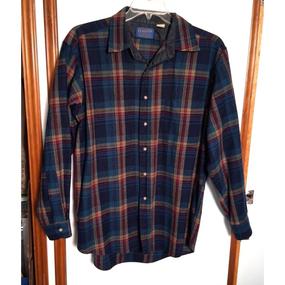 Pendleton Shirt Mens Large Blue Plaid Wool Flannel Button Front Long Sleeve